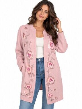 Victor Costa Vintage Cardigan 1X Pink Silk Angora Sequin Floral Duster